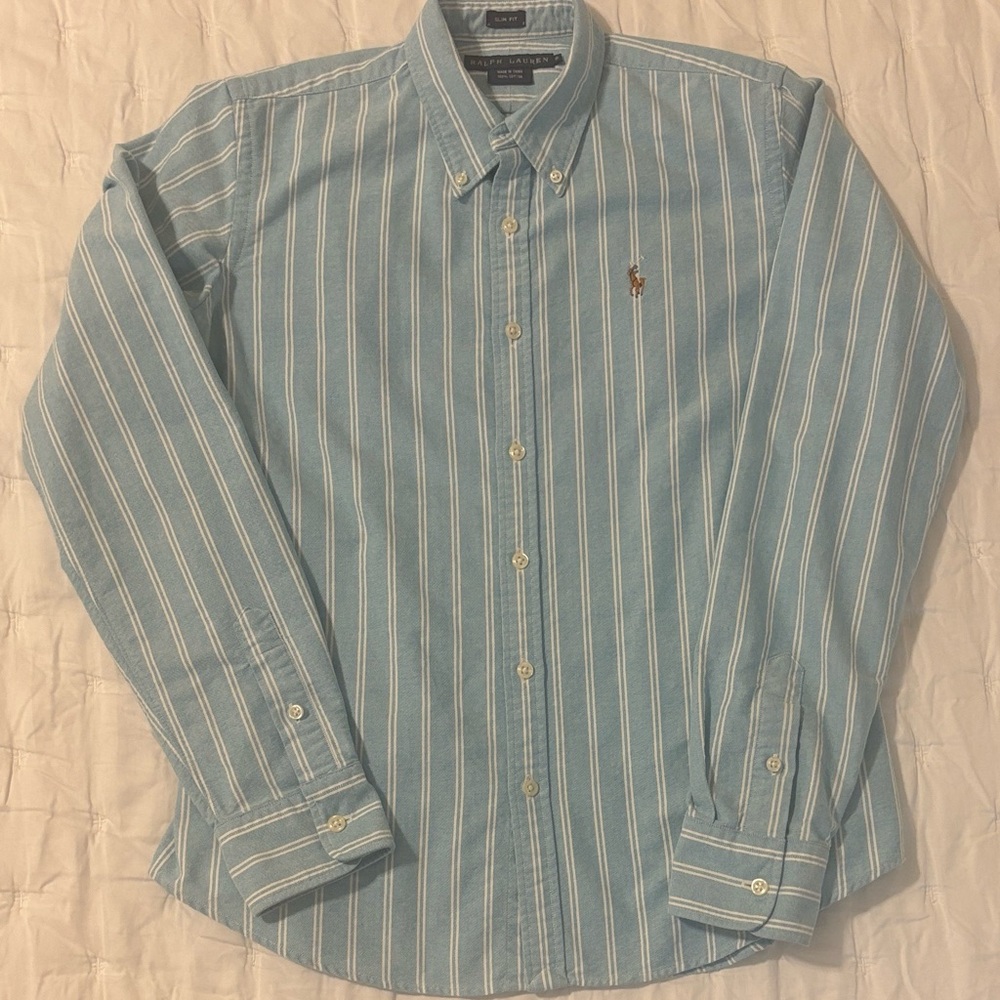 Women's Ralph Lauren 100% Cotton Blue & White Striped Fitted Button Down Shirt